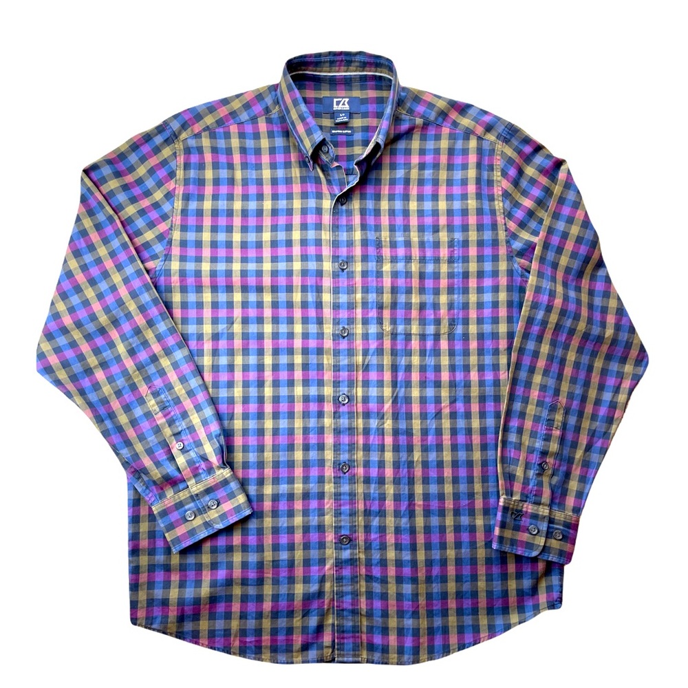 Cutter & Buck — Purple Blue Yellow — Check Button Down Shirt — Small